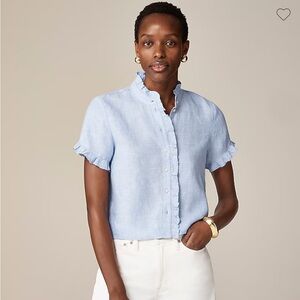 Ruffle-trim button-up shirt in linen